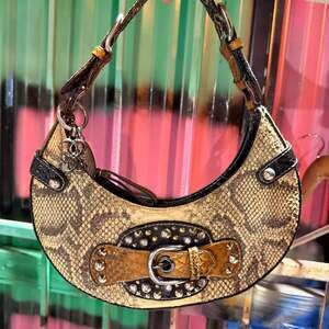 Vintage Baby Phat Studded Snakeskin Shoulder Bag with Rhinestone Cat Charm